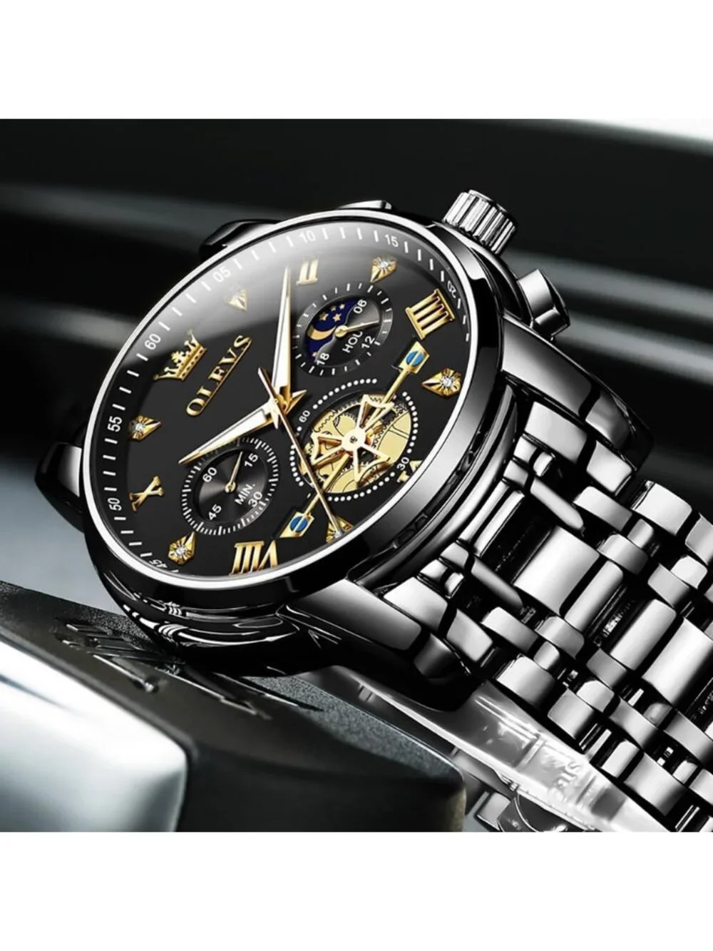 Men's Black Skeleton Stainless Steel Diamond Multi Calendar Chronograph Watch